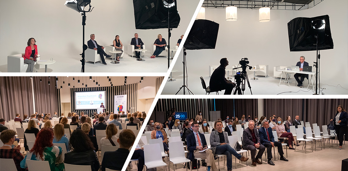 Mozaika zdjęć ze studia nagraniowego oraz z konferencji